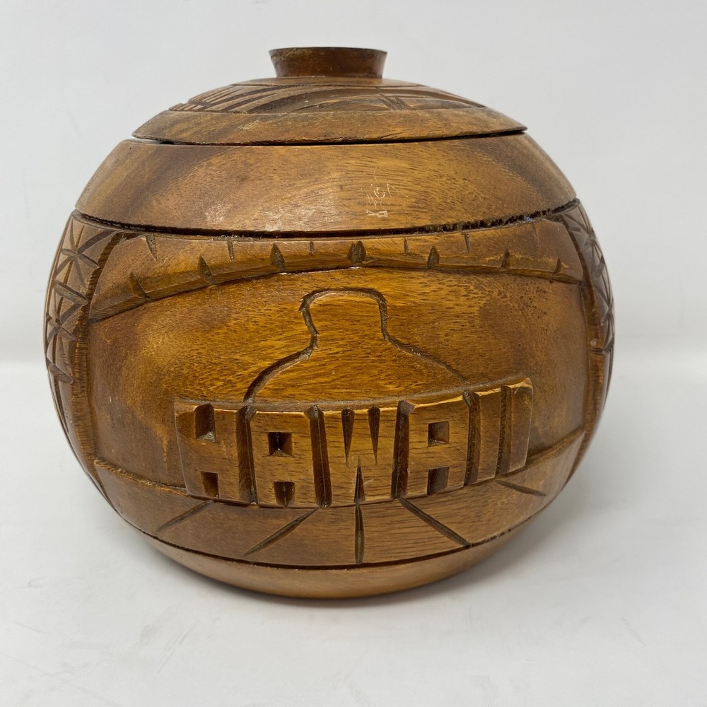 Vtg Hoveco Hawaii Handcarved‎ Hardwood Lidded Jar Brown Tiki Palm Tree Souvenir